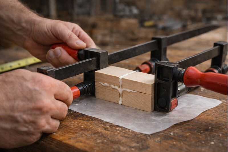 hands clamping glued maple scraps on workbench