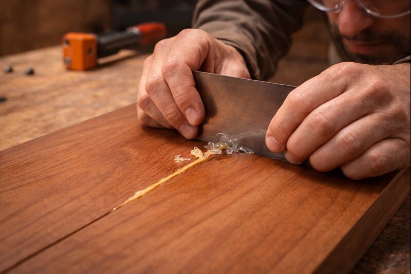 hands using a scraper to remove rubbery glue squeeze out