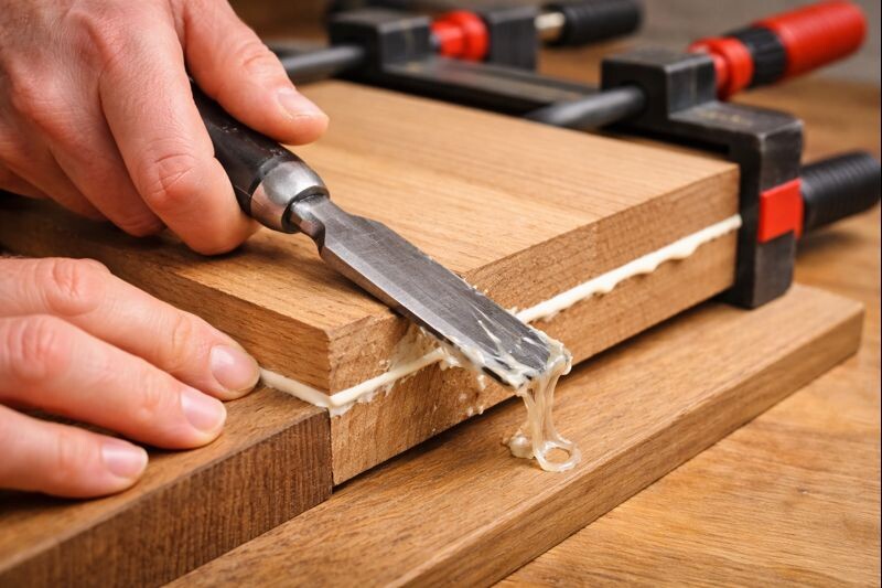 hands removing rubbery squeeze out with chisel safely