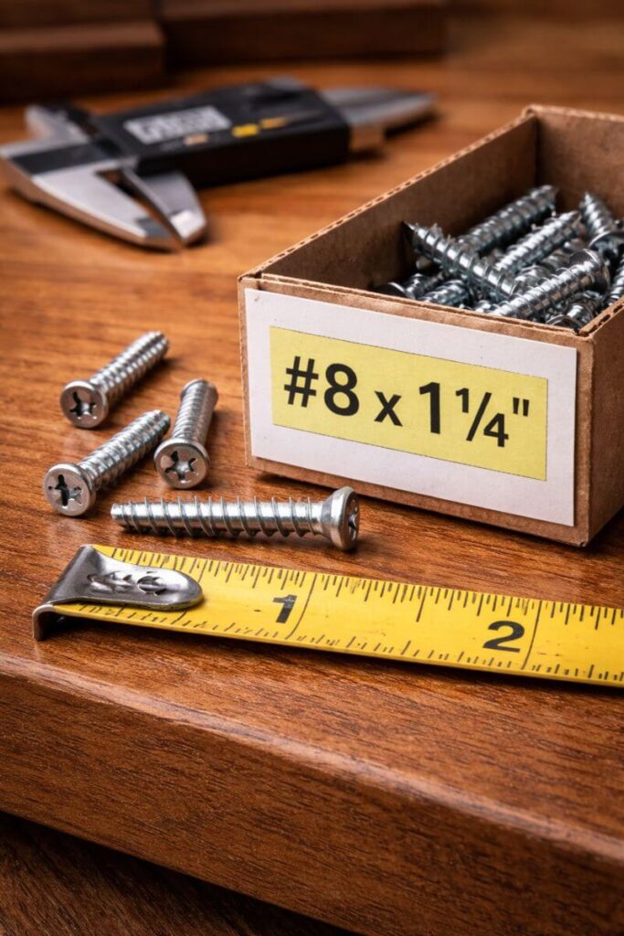 screw box label showing gauge and length on a workbench
