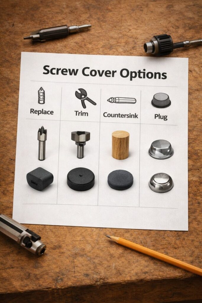 printed chart on a workbench showing options like replace trim countersink plug bumper and cap with matching tools