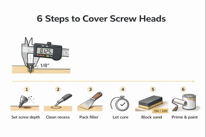 Infographic showing six steps to cover screw heads: set depth, clean, fill, cure, sand, prime and paint, plus grit tips.
