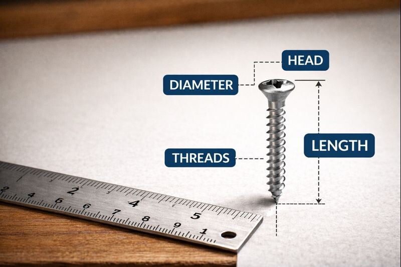 labeled screw anatomy showing head threads diameter and length