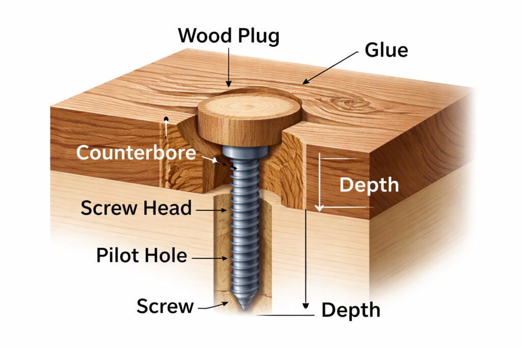 Cross-section infographic showing counterbore depth, screw head, pilot hole, and wood plug placement for clean screw hiding.