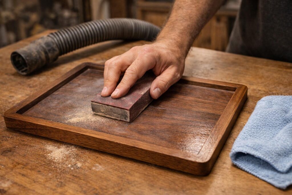hands scuff sanding clear coat with 320 grit before recoating