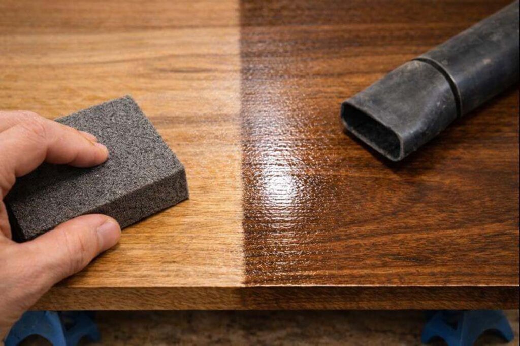scuff sanding a polyurethane coat with 320 grit before recoating