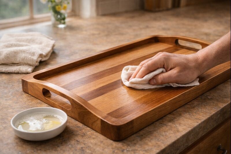 wiping a sealed wood tray with mild soap