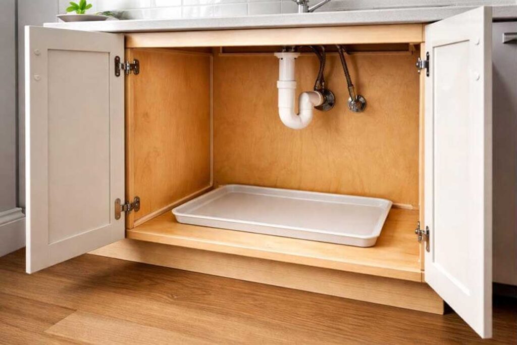 sink base cabinet sealed corners and drip tray