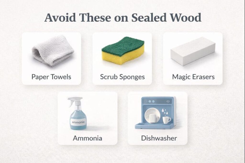 items to avoid when cleaning a finished wood tray