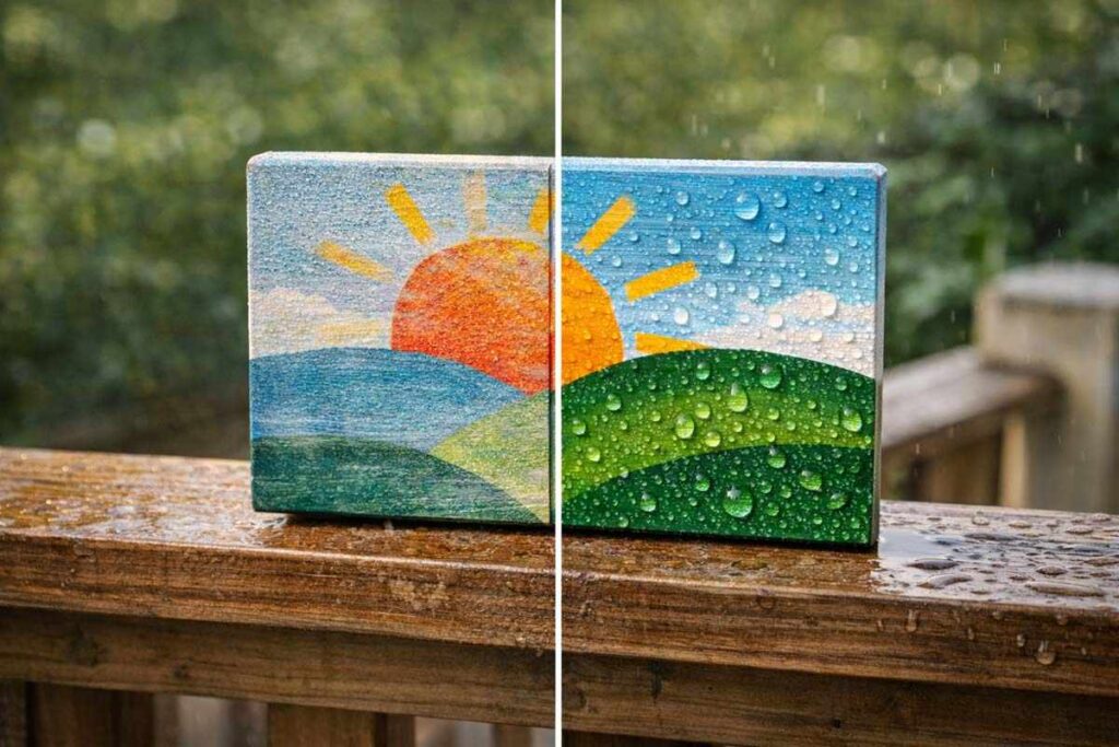 comparison of protected and unprotected painted wood after rain