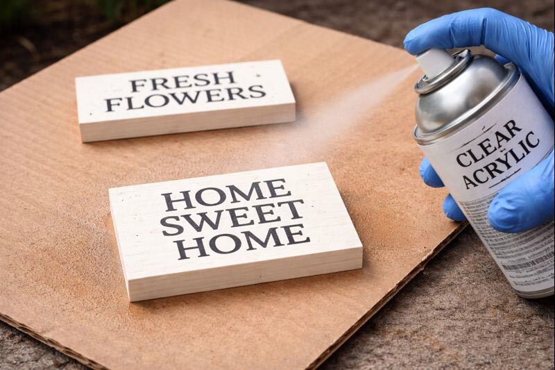 spraying a matte clear coat to protect mini wooden signs
