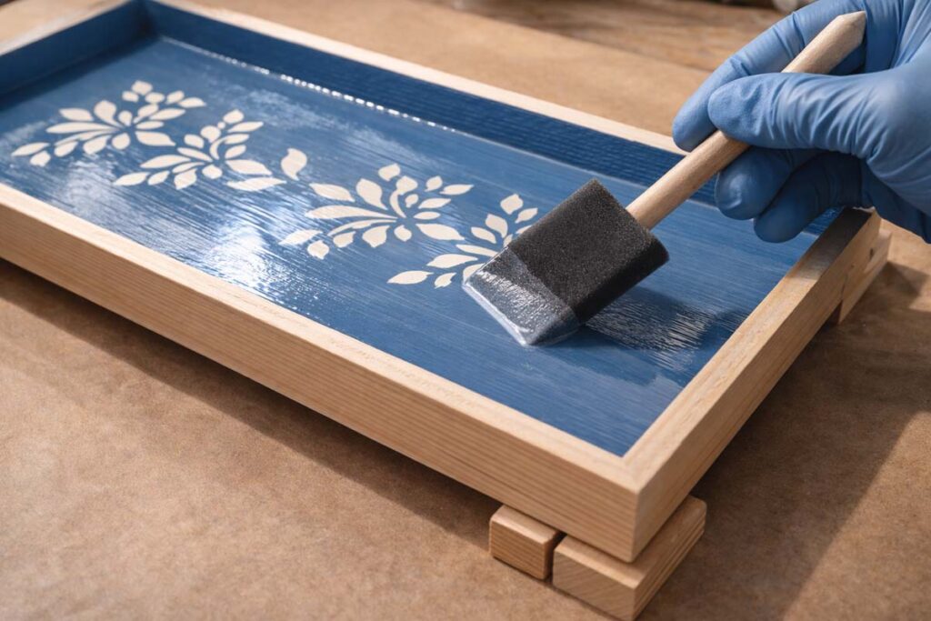 foam brush applying clear topcoat over painted wooden tray piece