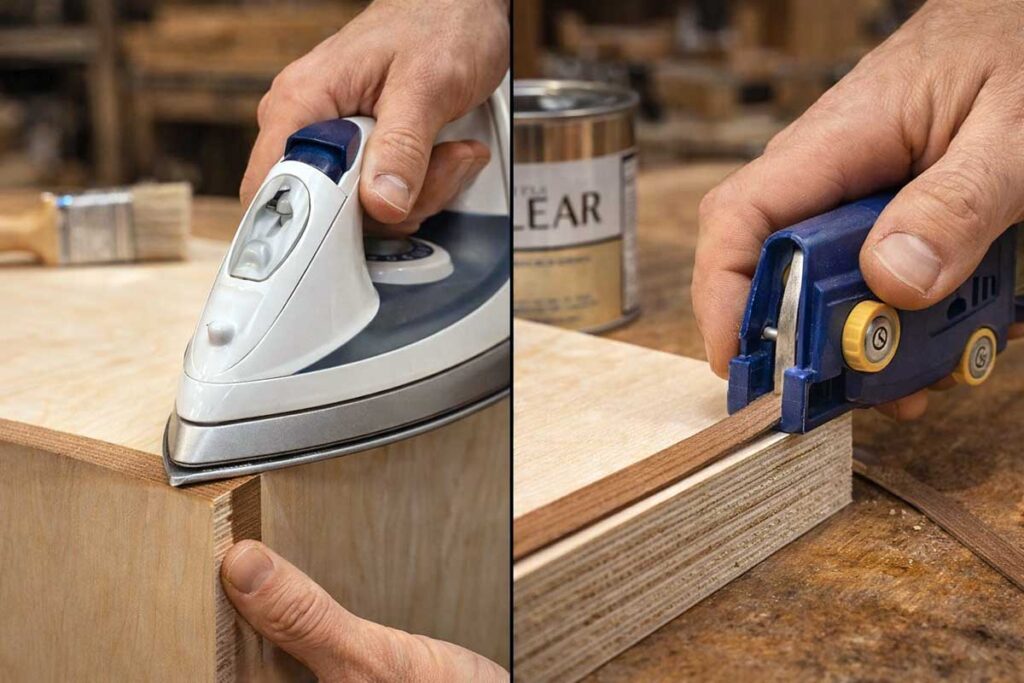 applying edge banding and sealing plywood cabinet panel edge