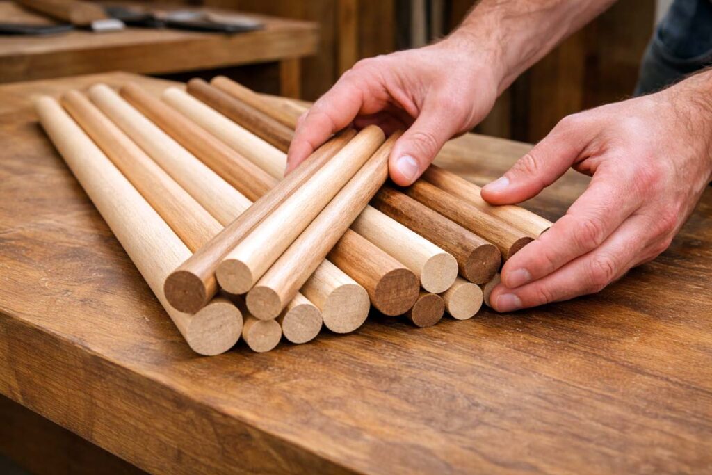inspecting wooden dowels for quality