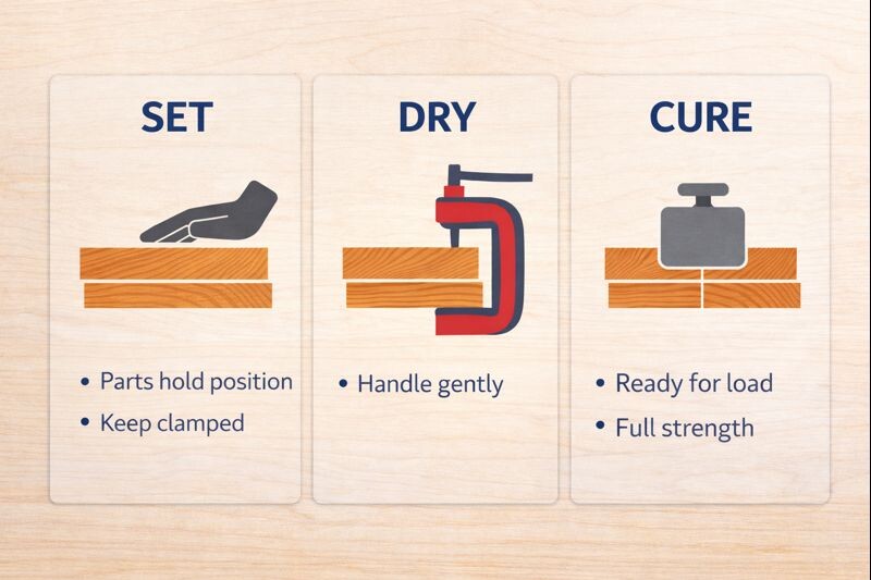 infographic explaining set dry and cure stages
