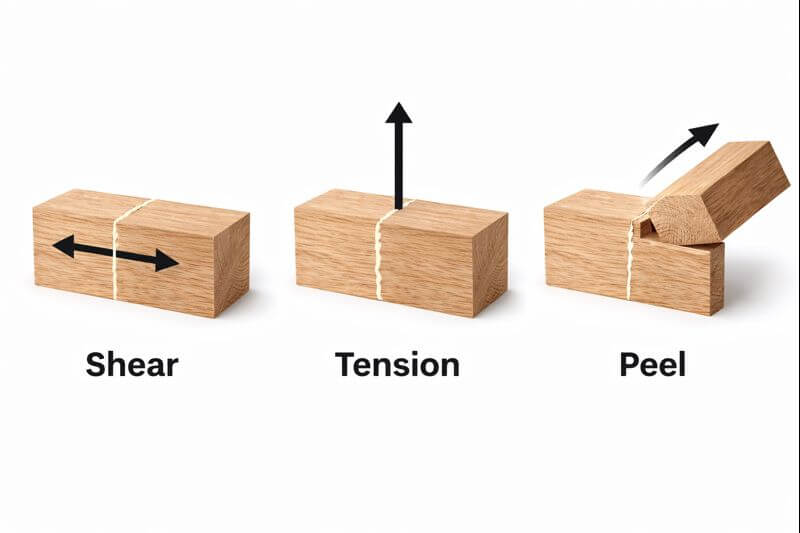 wood glue joint forces shear tension peel comparison