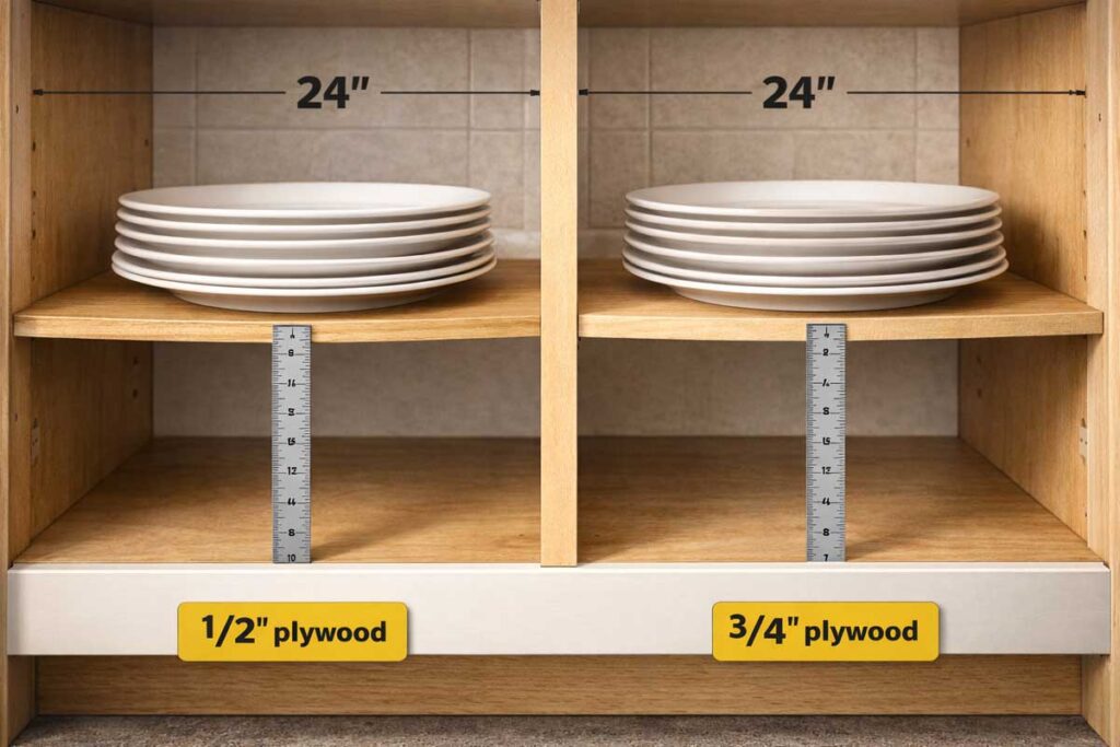 cabinet shelf sag comparison with ruler at center