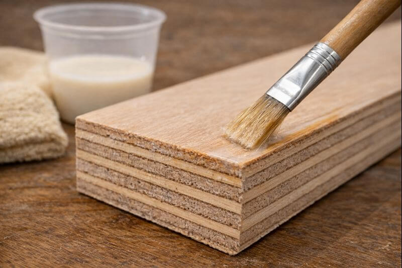 brush applying thin sizing coat to plywood edge