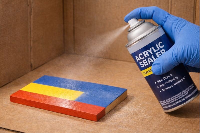 spraying clear sealer in light passes over painted wood