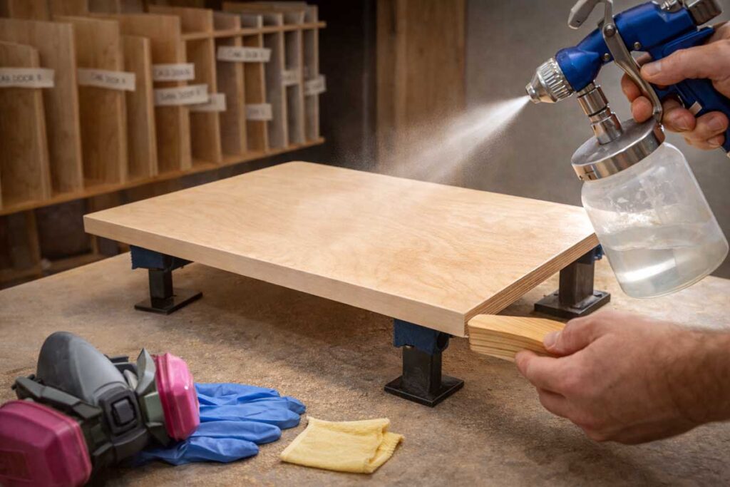 spraying clear finish on birch plywood cabinet panel safely