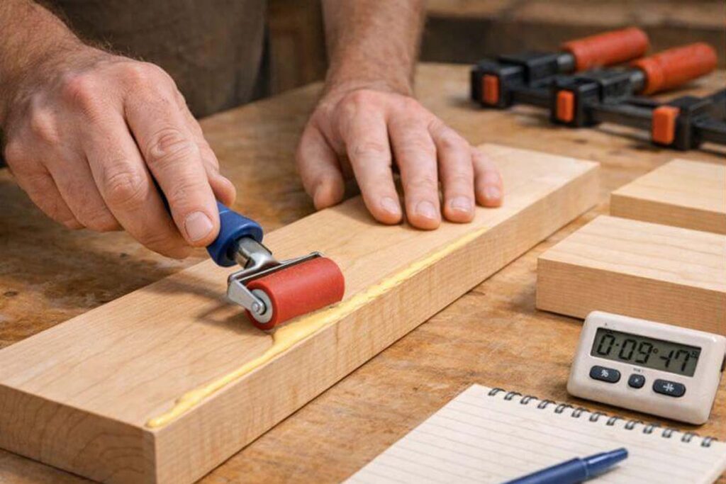 hands spreading carpenter glue with roller for even coat