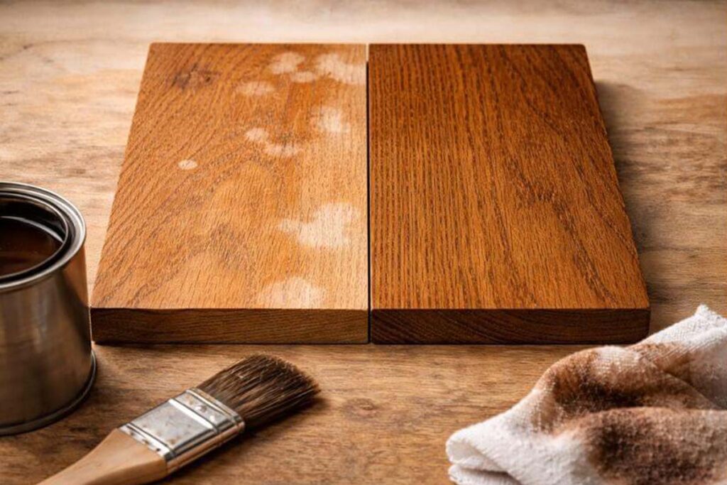 stained board showing glue residue patches versus clean sanding