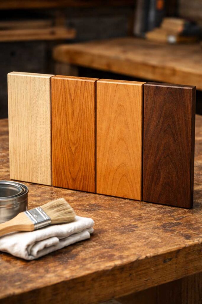 cherry walnut and oak cabinet wood grain comparison on bench