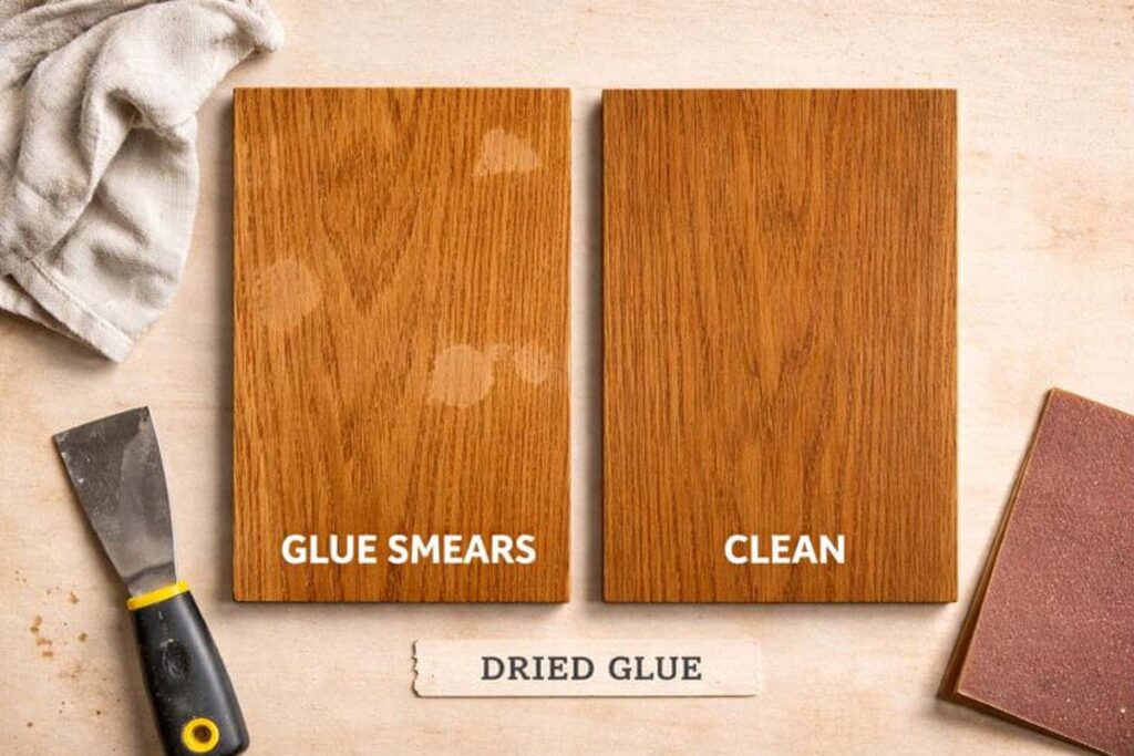 stained boards showing glue residue patches versus clean finish
