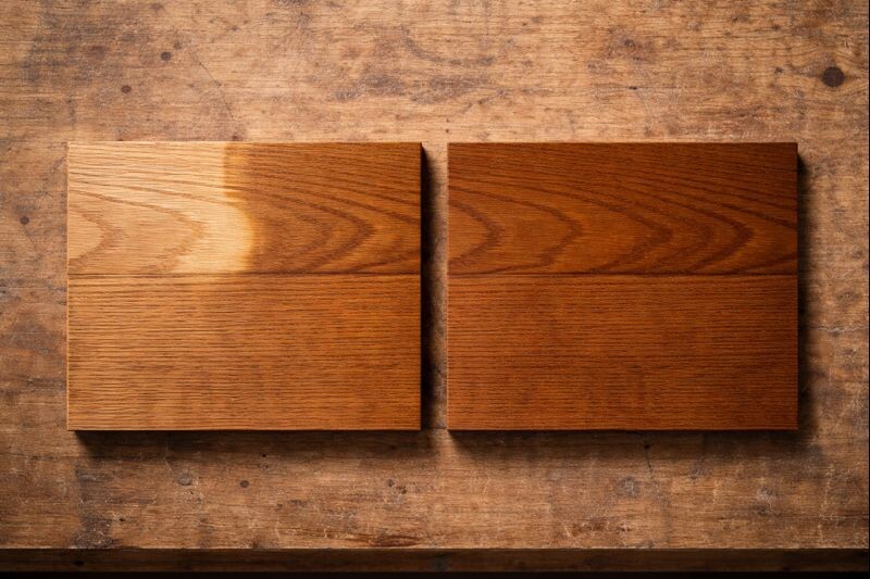 stained sample boards showing glue halo versus even color