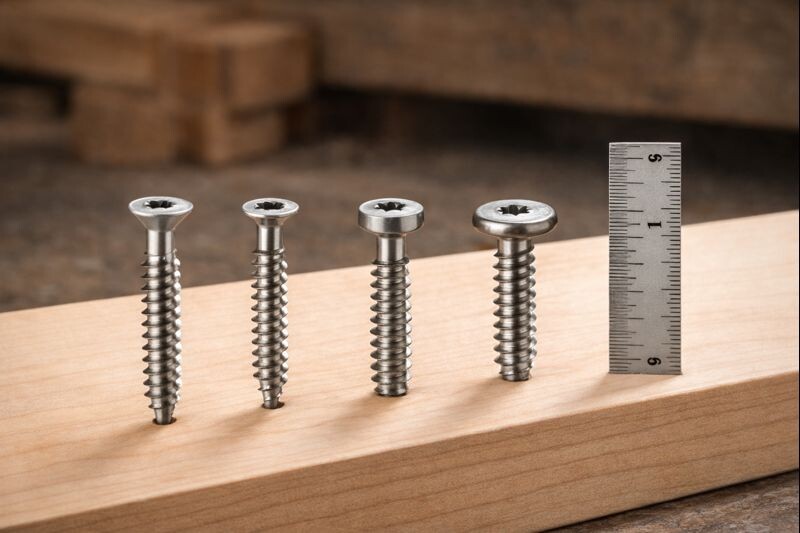 flat trim pan and washer head stainless screws installed in maple with a ruler for scale and clear head profile detail