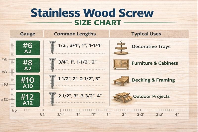 size chart of stainless wood screw gauges and lengths with typical uses for trays furniture and outdoor projects