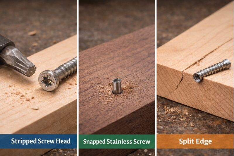 three panel photo of stripped head snapped shank and split edge to diagnose stainless screw installation issues