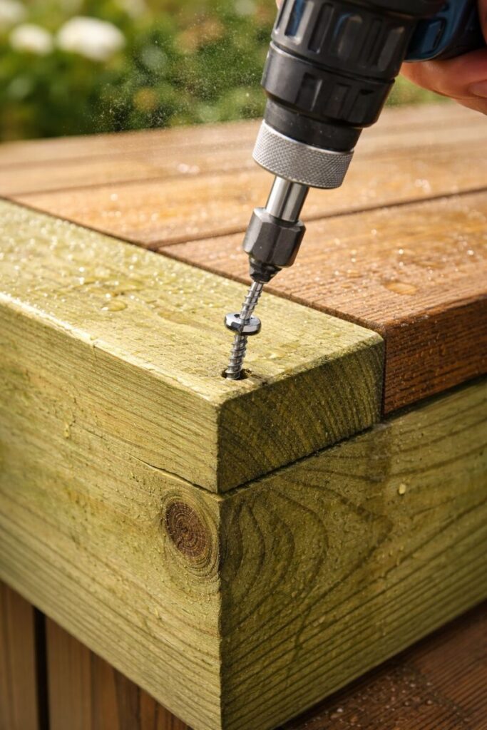 portrait of stainless screw driven into pressure treated pine on a deck corner with fine mist showing wet exposure