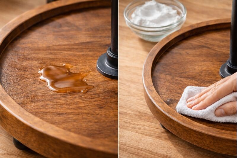 sticky spot lifted from tray surface with baking soda paste