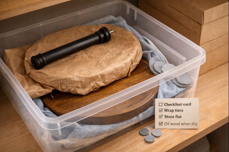 disassembled tiers wrapped for seasonal storage in a bin