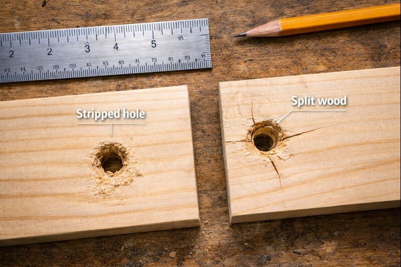 stripped screw hole compared to split wood