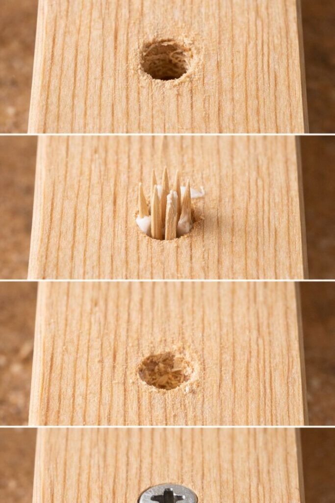 fixing a stripped screw hole using toothpicks and glue