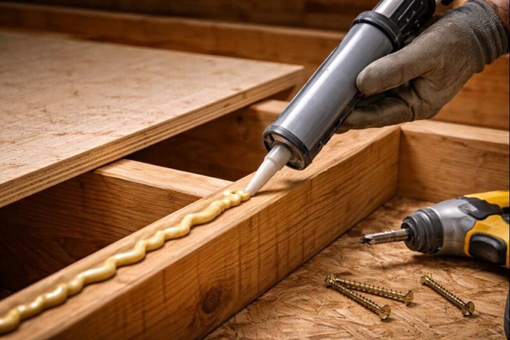 caulk gun laying adhesive bead on joist with screws nearby