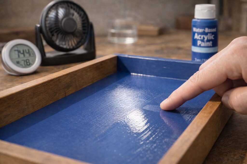 fingertip test on slightly sticky painted tray with humidity gauge