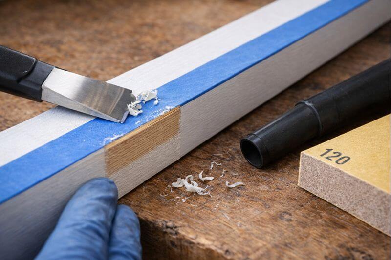 painter tape masking a clean strip of bare wood