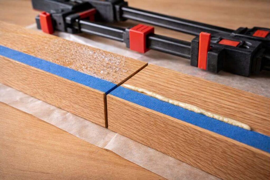 taped seam before clamping with wax paper and cauls