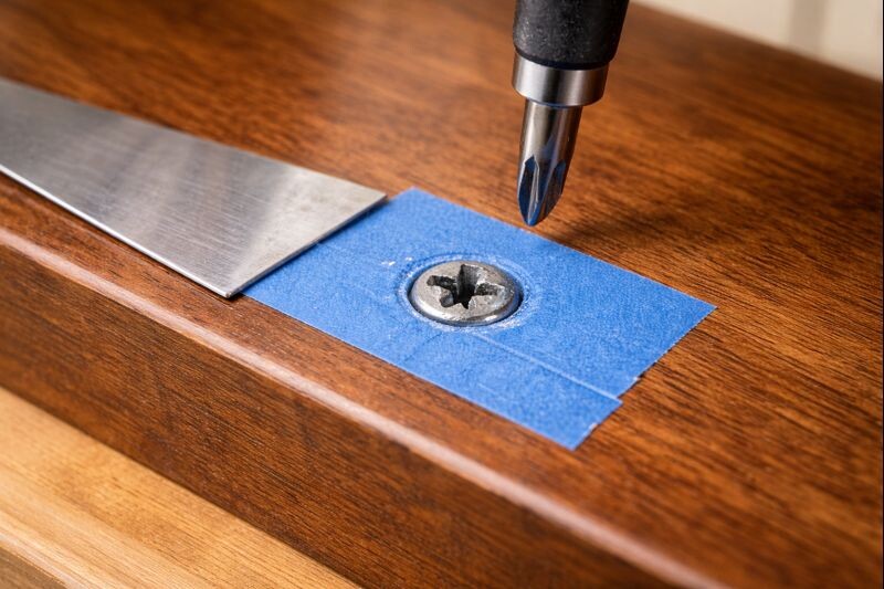 tape protecting stained wood near a screw