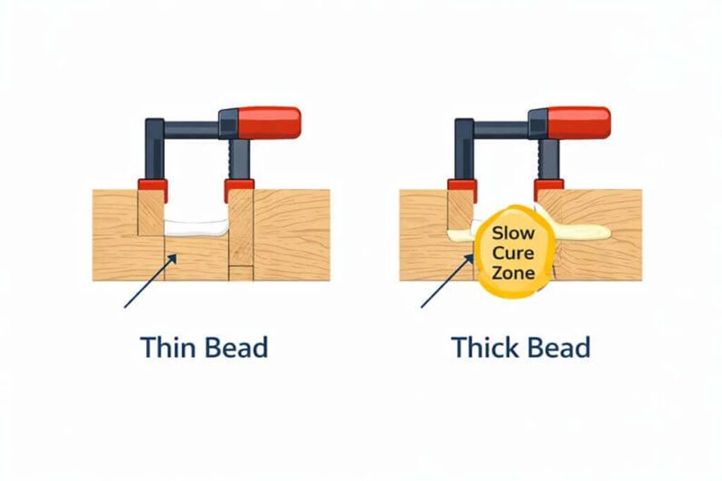 thin versus thick adhesive bead curing comparison
