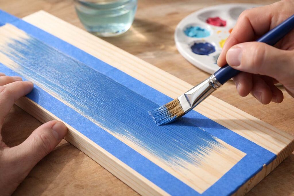 hands brushing thin paint coat on sanded pine board
