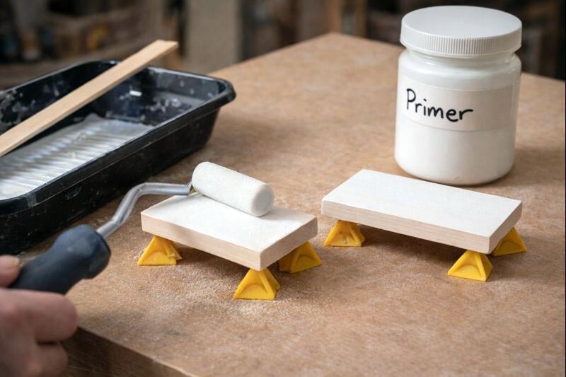 applying a thin paint coat on small wooden signs for clean coverage