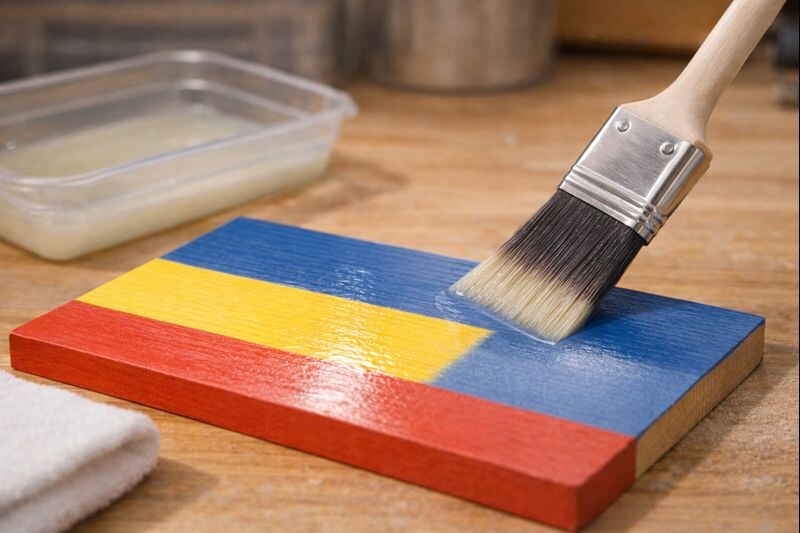 applying a thin even coat of water based topcoat on painted wood