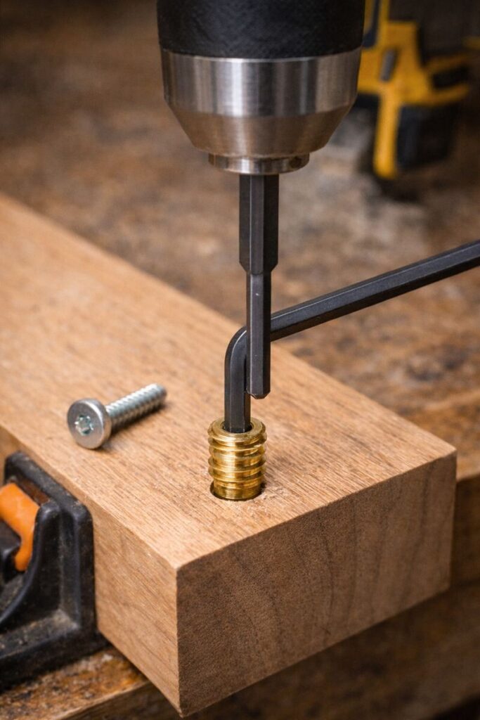 installing a brass threaded insert in hardwood