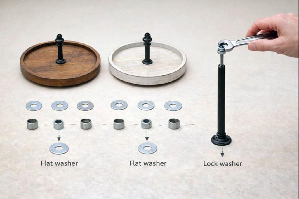 washers spacers and lock washer arranged for tightening a metal rod stand
