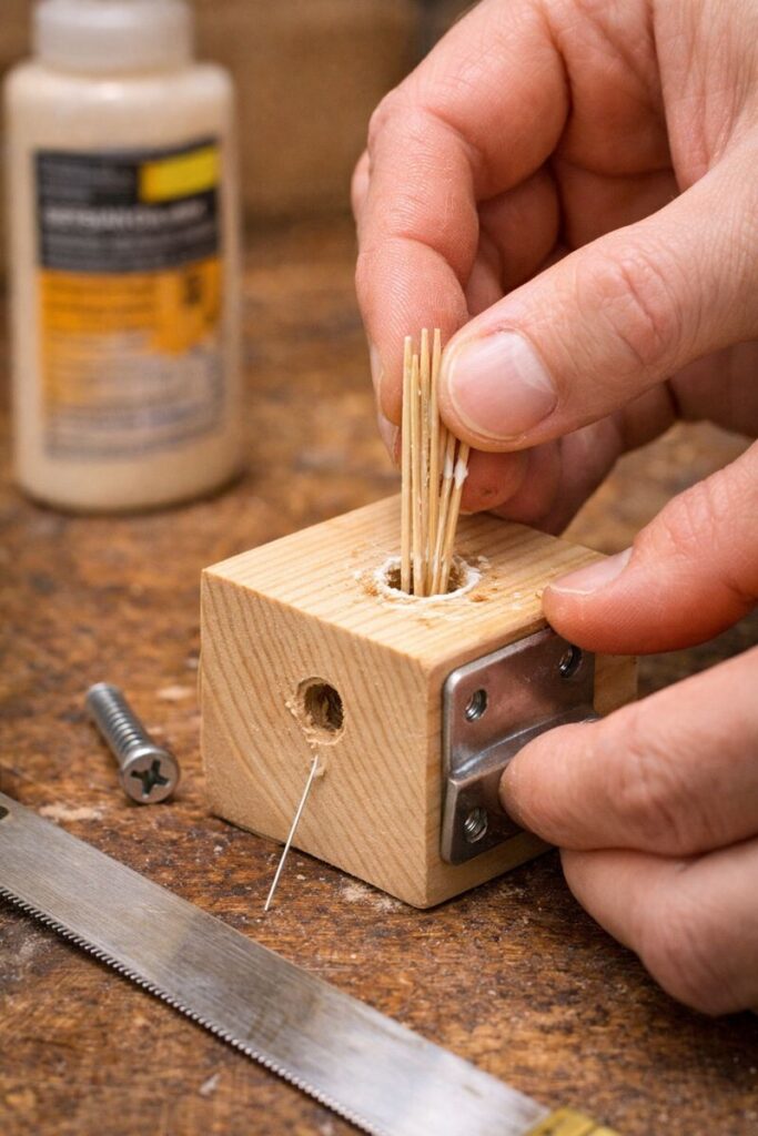 toothpicks and wood glue filling a loose screw hole