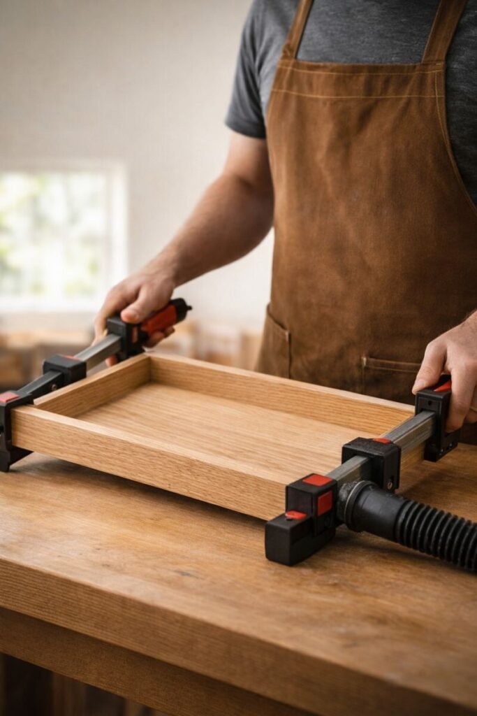 woodworker holding a tray frame in clamps while glue cures